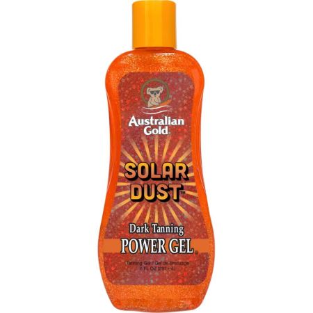 Australian Gold Solar Dust Dark Tanning Power Gel Gel bronceador ofrece un brillo dorado gracias a sus partículas brillantes que realzan la calidez del sol en la piel 237 ml