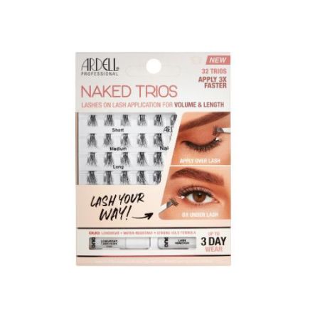 Ardell Pestañas Postizas Naked Trios + Pegamento Pestañas postizas individuales en trios curvatura suave y acabado natural hasta 3 días 32 uds