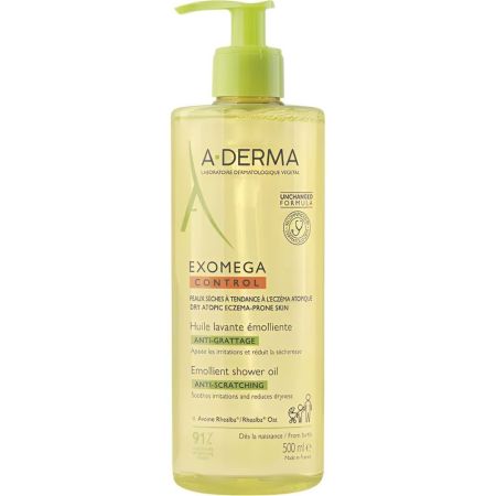 A-Derma Exomega Control Huile Lavante Émolliente Anti-Grattage Aceite limpiador emoliente limpia calma la sensación de irritación y alivia las pieles con tendencia atópica