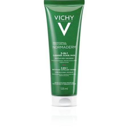 Vichy Normaderm 3-In-1 Cleanser,Scrub,Mask Mascarilla limpiadora exfoliante e hipoalergénica refresca y rejuvenece eliminado impurezas 125 ml