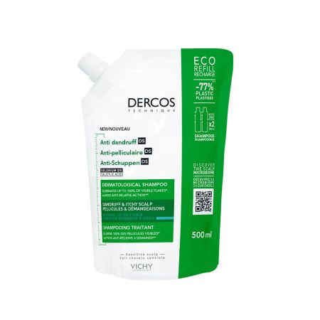 Vichy Dercos Shampoo Anti-Dandruff Cabellos Grasos Recarga Champú de doble eficacia contra la caspa adherente y la reaparición 500 ml