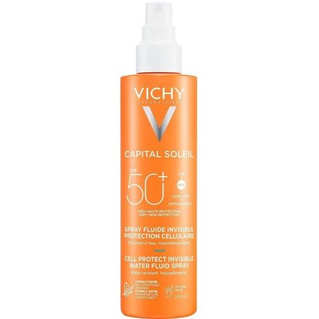 Vichy Capital Soleil Spray Fluide Invisible Spf 50+ Fluido solar resistente al agua de textura ultraligera y rápida absorción protege e hidrata 200 ml