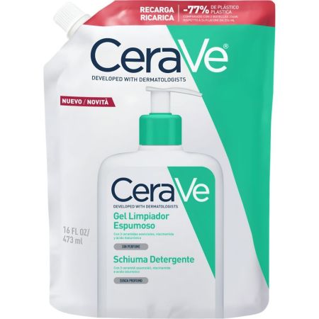 Cerave Gel Limpiador Espumoso Recarga Gel limpiador espumoso hidratante y calmante elimina exceso de grasa y suciedad con ácido hialurónico 473 ml