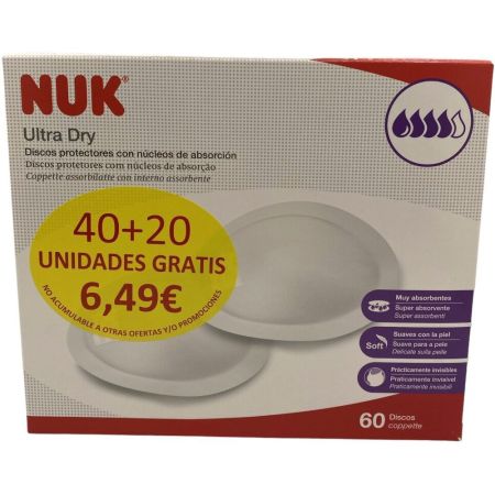 Nuk Ultra Dry Discos Protectores Formato Especial Discos de lactancia extremadamente absorbentes para un ajuste perfecto 60 uds