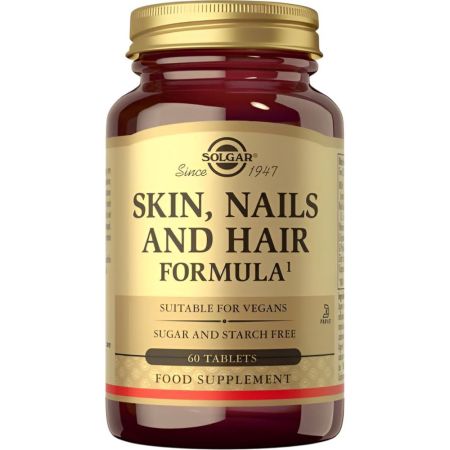 Solgar Skin Nails And Hair Complemento Alimenticio Complemento alimenticio natural de triple acción contribuye al manetenimiento de piel uñas y cabello 60 uds