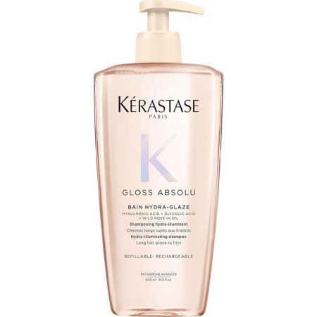 Kerastase Gloss Absolu Bain Hydra-Glaze Shampoing Champú hidratante textura gel sella cutículas ofreciendo acabado suave y brillante para cabello largo con encrespamiento