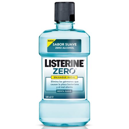 Listerine Enjuague Bucal Zero Colutorio sin alcohol elimina gérmenes gingivitis y el mal aliento sabor menta suave 500 ml