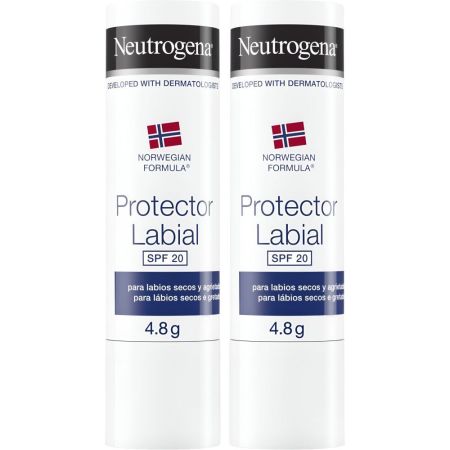 Neutrogena Protector Labial Spf 20 Duplo Bálsamo labial con protección solar protege aliviando labios secos y agrietados para mayor hidratación 2x4,80 gr