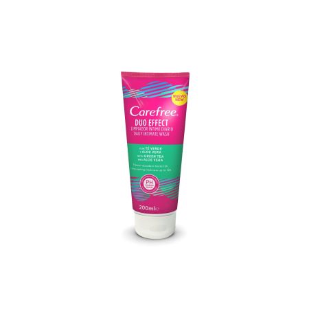 Carefree Doble Efecto Limpiador Íntimo Diario Gel de higiene íntima suave y sin jabón duradero 12 horas con té verde y aloe vera 200 ml