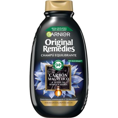 Original Remedies Carbón Magnético & Aceite Semilla Negra Champú Equilibrante Champú equilibrante para raíces grasas y puntas secas 400 ml