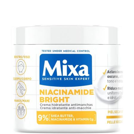 Mixa Niacinamide Bright Crema Hidratante Antimanchas Crema corporal sin perfume hidrata y restaura la barrera cutánea para rostro cuerpo y manos 400 ml