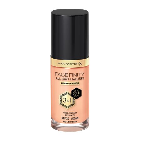 Max Factor Face Finity All Day Flawless 3 En 1 Spf 20 Base de maquillaje vegana de alta cobertura para acabado profesional de larga duración