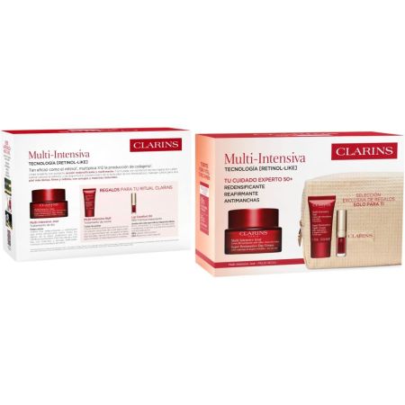Clarins Multi-Intensive Jour Piel Seca Estuche Crema de día hidratante reafirmante y antiarrugas ofrece piel más flexible rellenada y confortable al instante 50 ml