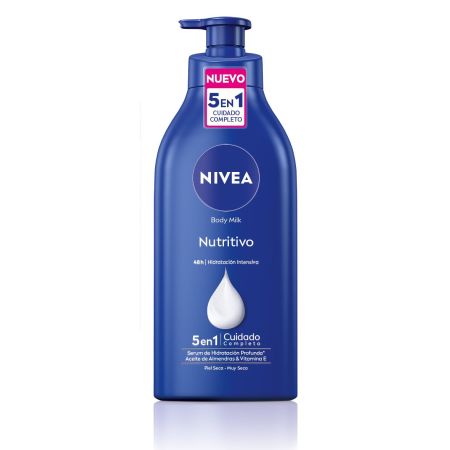 Nivea Nutritivo 5 En 1 Cuidado Completo Body Milk Leche corporal nutritiva ofrece 48 horas de hidratación con aceite de almendras