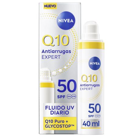 Nivea Q10 Antiarrugas Expert Fluido Uv Diario Sfp 50 Crema de día previene la glicación y reduce las arrugas piel más joven y saludable 40 ml