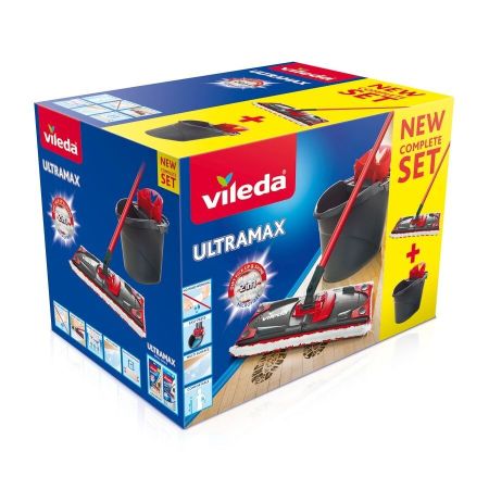 Vileda Mopa Ultramax 2in1 Microfibre Mopa con palo de tres piezas y un cubo con escurridor vertical elimina el 99% de las bacterias