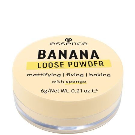 Essence Banana Loose Powder Polvos sueltos traslúcidos con esponja para destacar zonas en mate y fijar el maquillaje
