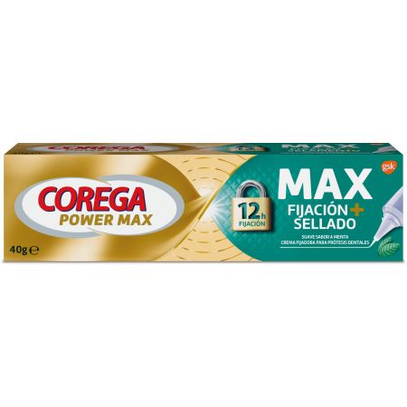 Corega Power Max Max Fijación + Sellado Crema Fijadora Crema fijadora para prótesis dentales sabor menta ofrece máxima fijación 40 gr