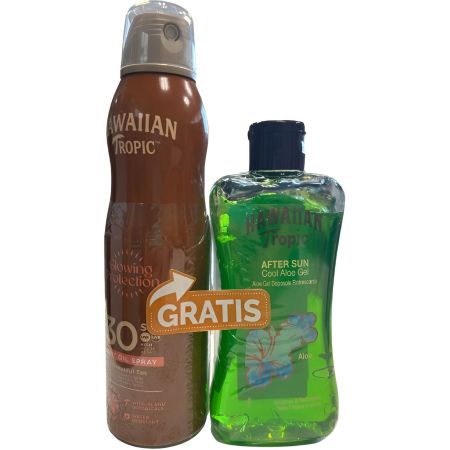 Hawaiian Tropic Glowing Protection Dry Oil Spf 30+After Sun Aloe Vera Gratis Pack regalo de protección solar resistente al agua para cuidarte antes y después del sol