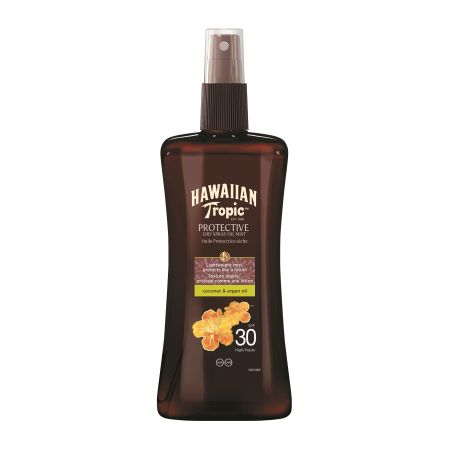 Hawaiian Tropic Protective Dry Spray Oil Mist Spf 30 Aceite solar ofrece piel ultrasuave hidratada y brillante con coco y aceite de argán 200 ml