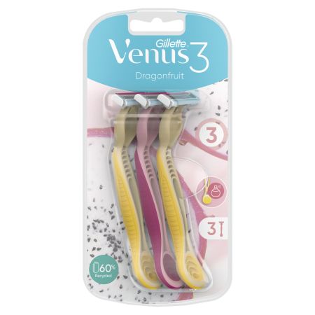Gillette Venus 3 Dragonfruit Maquinilla De Afeitar Maquinilla de afeitar desechable con banda lubricante y 3 hojas curvadas para depilación apurada 3 uds