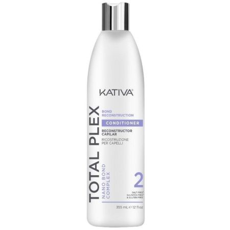 Kativa Total Plex 1 Bond Reconstruction Conditioner 2 Acondicionador limpia desenreda suaviza y sella las cutículas cabello sano fuerte y sedoso 355 ml