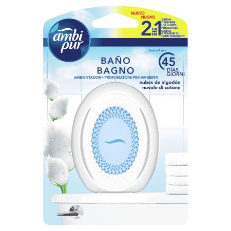 Ambipur Nubes De Algodón Baño Ambientador Ambientador para baño sin necesidad de pilas ofrece aroma a nube de algodón hasta 50 días