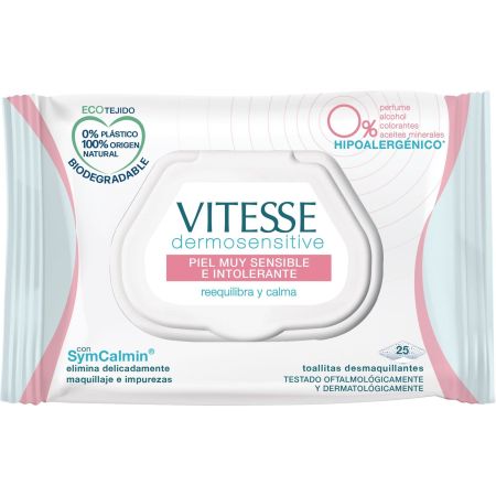 Vitesse Dermosensitive Toallitas Desmaquillantes Toallitas desmaquillantes biodegradables reequilibran y calman 25 uds