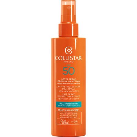Collistar Leche En Spray Protección Activa Spf 50 Leche solar facial y corporal ligera resistente al agua previene arrugas protegiendo manchas lunares y cicatrices 200 ml