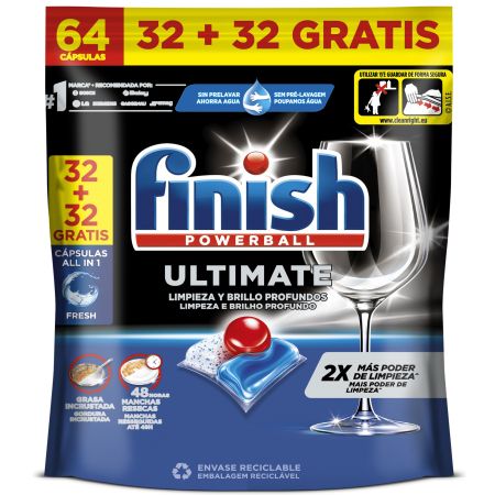 Finish Lavavajillas Powerball Ultimate All In 1 Limpia lavavajillas en cápsulas avanzado para mejor limpieza brillo y disolución 64 uds