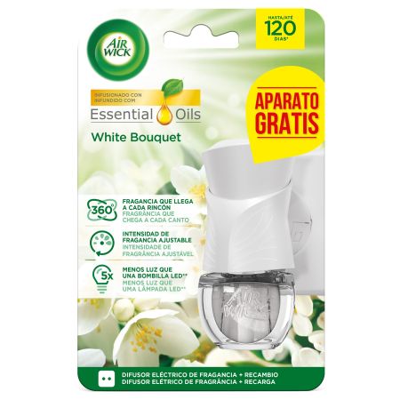 Air Wick Essencial Oils White Aparato Gratis+Recambio Ambientador eléctrico para hogar fragancia y frescor duradero hasta 120 días