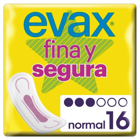 Evax Compresas Fina Y Segura Normal Sin Alas Compresas sin alas súper absorbentes ofrecen una mayor comodidad 16 uds