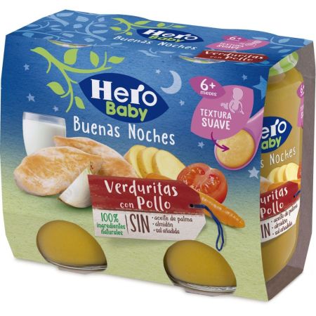Hero Solo Buenas Noches Tarritos Verduritas Con Pollo Tarritos naturales sin glutende textura suave facilitan la digestión y aseguran buen sueñoa partir de 6 meses 2x190 gr