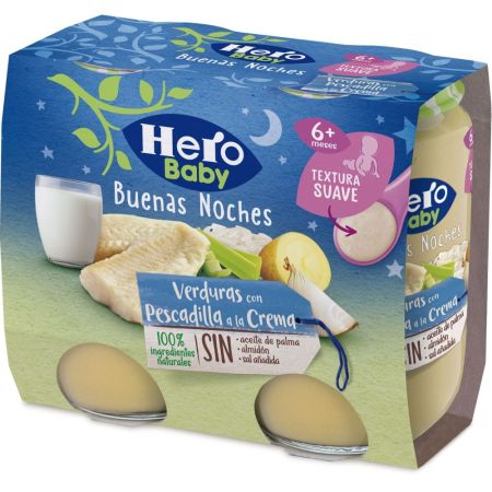Hero Solo Buenas Noches Tarritos Verduritas Pescadilla A La Crema Tarritos naturales sin gluten de textura suave facilitan la digestión y aseguran buen sueño a partir de 6 meses 2x190 gr