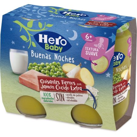 Hero Solo Buenas Noches Tarritos Guisantes Con Jamón Cocido Extra Tarritos naturales sin gluten de textura suave facilita la digestión y asegura buen sueño a partir de 6 meses 2x190 gr