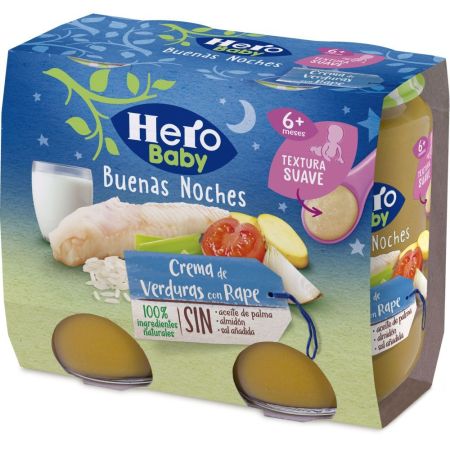 Hero Solo Buenas Noches Tarritos Crema De Verduras Con Rape Tarritos naturales sin gluten de textura suave facilitan la digestión y aseguran buen sueño a partir de 6 meses 2x190 gr