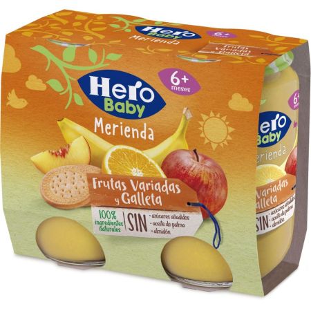 Hero Solo Tarritos Merienda Frutas Variadas Y Galleta Tarritos naturales de textura suave ideales para la merienda del bebé a partir de 6 meses 2x190 gr