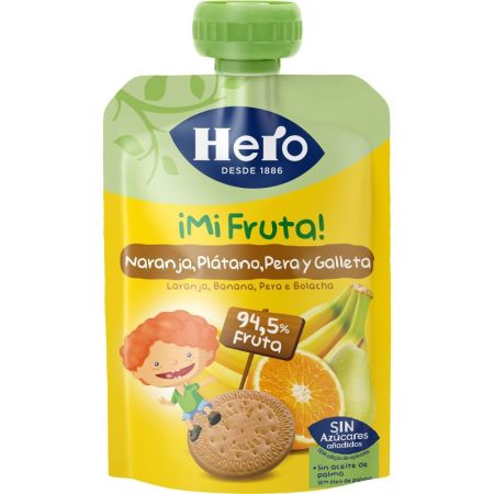Hero Solo Bolsita Naranja Plátano Pera Y Galleta Bolsita natural elaborada con fruta especialmente seleccionada a partir de 12 meses 100 gr