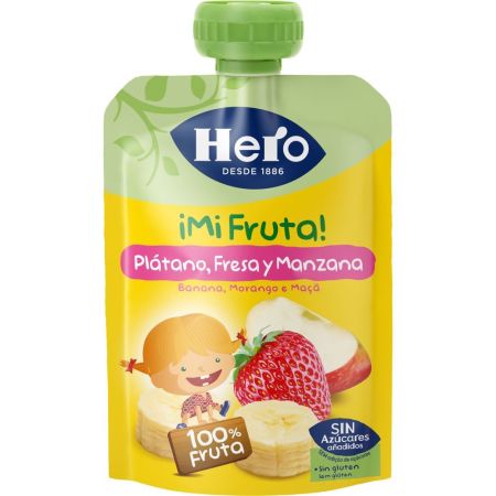 Hero Solo Bolsita Plátano Fresa Y Manzana Bolsita ecológica sin gluten elaborada con ingredientes 100% ecológicos a partir de 12 meses 100 gr