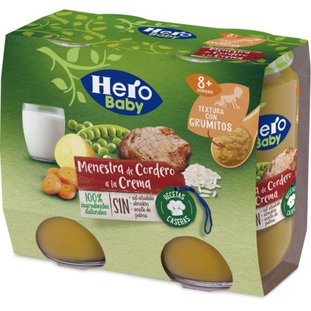 Hero Solo Tarritos Menestras De Cordero A La Crema Tarritos naturales sin gluten de textura suave elaborados con los mejores ingredientes a partir de 8 meses 2x190 gr