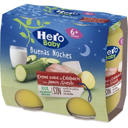 Hero Solo Buenas Noches Tarritos Crema Calabacín Jamón Y Quesito Tarrito sin gluten facilita la digestión y asegura un buen sueño a partir de 6 meses 2x190 gr