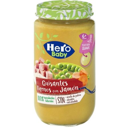 Hero Solo Tarrito Guisantes Tiernos Con Jamón Tarrito natural sin gluten de textura suave para crecimiento sano y equilibrado a partir de 6 meses 235 gr