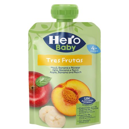 Hero Solo Bolsita Tres Frutas Bolsita natural sin azúcares con 100% fruta añadidos y fuente de vitamina c a partir de 4 meses 100 gr