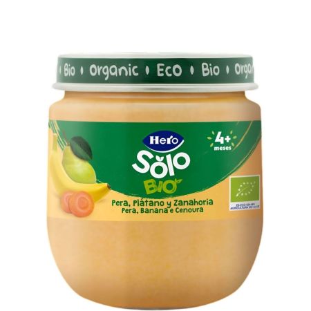 Hero Solo Bio Tarrito Pera Plátano Y Zanahoria Tarrito ecológico sin gluten de textura suave elaborado con fruta 100% natural a partir de 4 meses 120 gr