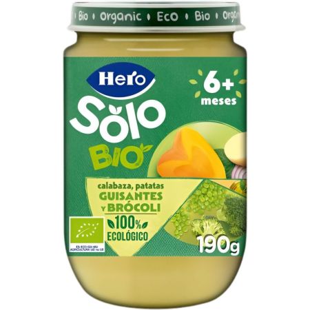 Hero Solo Bio Tarrito Calabaza Patata Guisantes Y Brácoli Tarrito ecológico sin gluten de textura suave elaborado con ingredientes 100% ecológicos a partir de 6 meses 190 gr