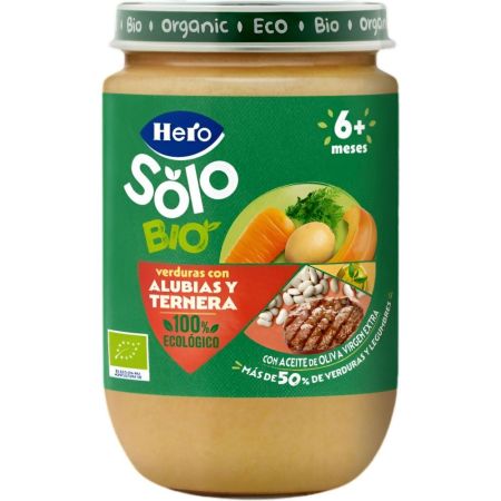 Hero Solo Bio Tarrito Verduras Alubias Y Ternera Tarrito ecológico de textura suave elaborado con ingredientes 100% ecológicos a partir de 6 meses 190 gr