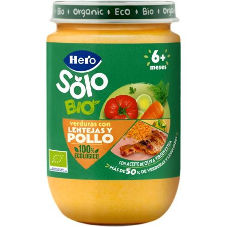Hero Solo Bio Tarrito Verduras Con Lentejas Y Pollo Tarrito ecológico sin gluten de textura sauve elaborado con ingredientes 100% ecológicos a partir de 6 meses 190 gr