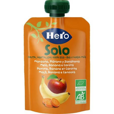 Hero Solo Bio Bolsita Manzana Plátano Y Zanahoria Bolsita natural sin gluten elaborada con ingredientes 100% ecológicos a partir de 4 meses 100 gr