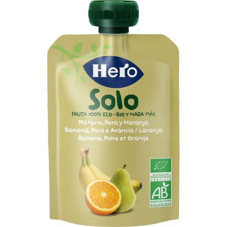Hero Solo Bio Bolsita Eco Plátano Pera Y Naranja Bolsita ecológca sin gluten elaborada ingredientes 100% ecológicos a partir de 6 meses 100 gr