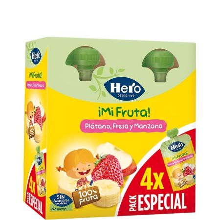 Hero Solo Bolsita Plátano Fresa Y Manzana Pack Especial Bolsitas naturales sin gluten ni azúcares añadidos elaborada con fruta a partir de 12 meses 4x100 gr